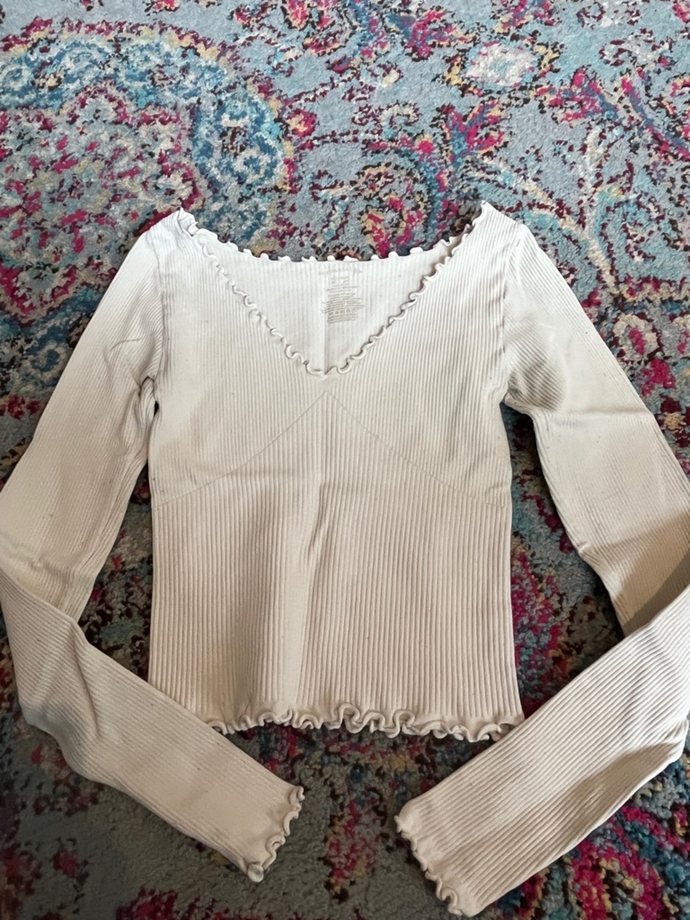 Free People Cream Ribbed Long Sleeve V-Neck Lettuce Edge Tee